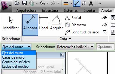 opciones de selección de cota permanente alineada