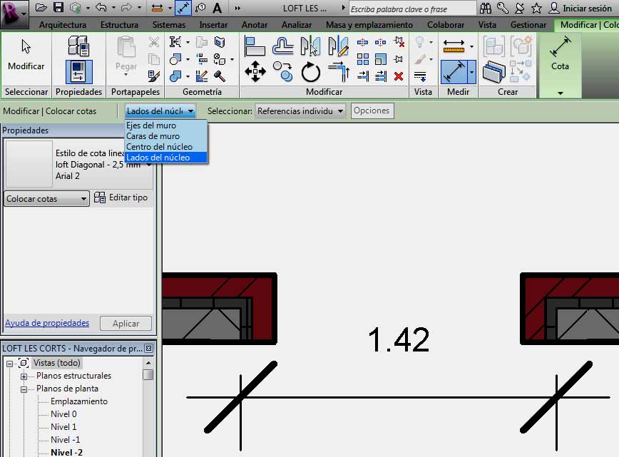 opción Lados del núcleo de la barra de herramientas superior para Cota alineada
