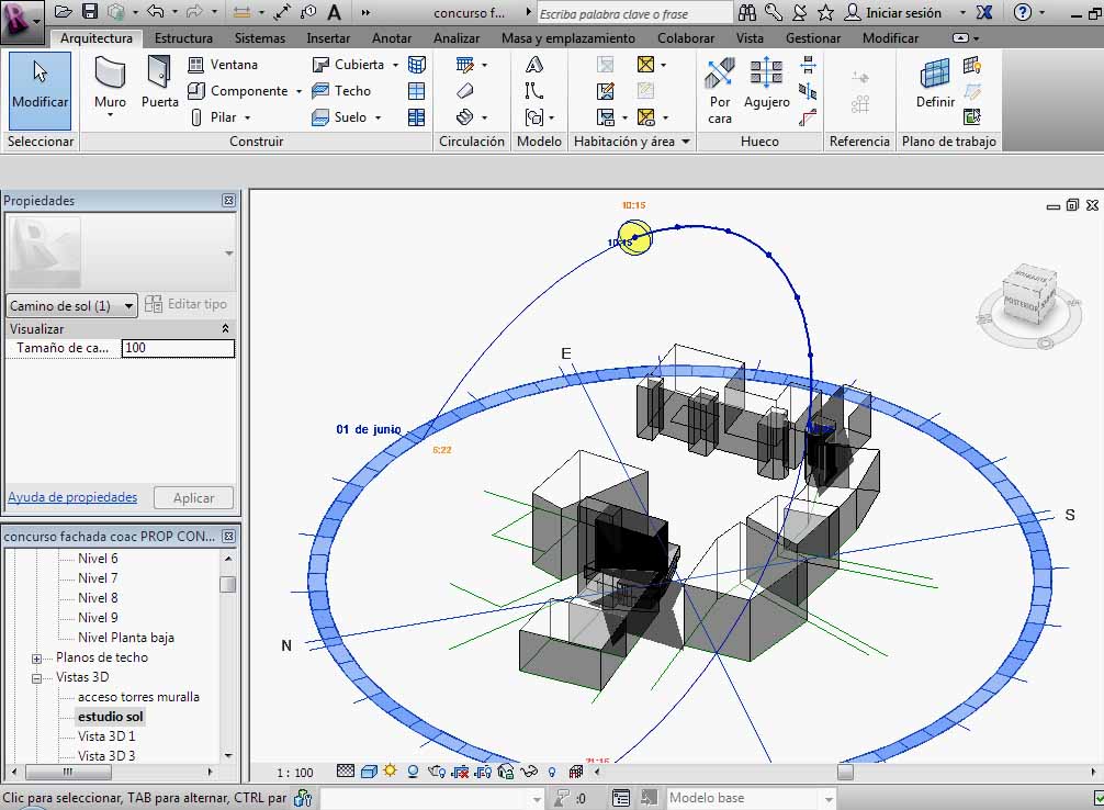 Arco azul oscuro en camino de sol que indica la zona de estudio de sombras