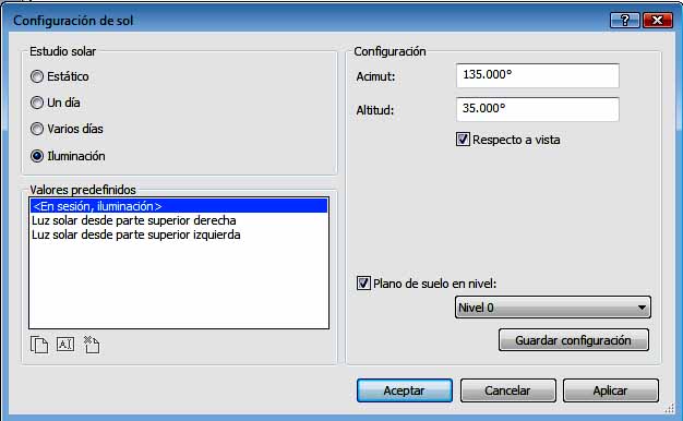 Cuadro de dialogo Configuración del sol para modo Iluminación