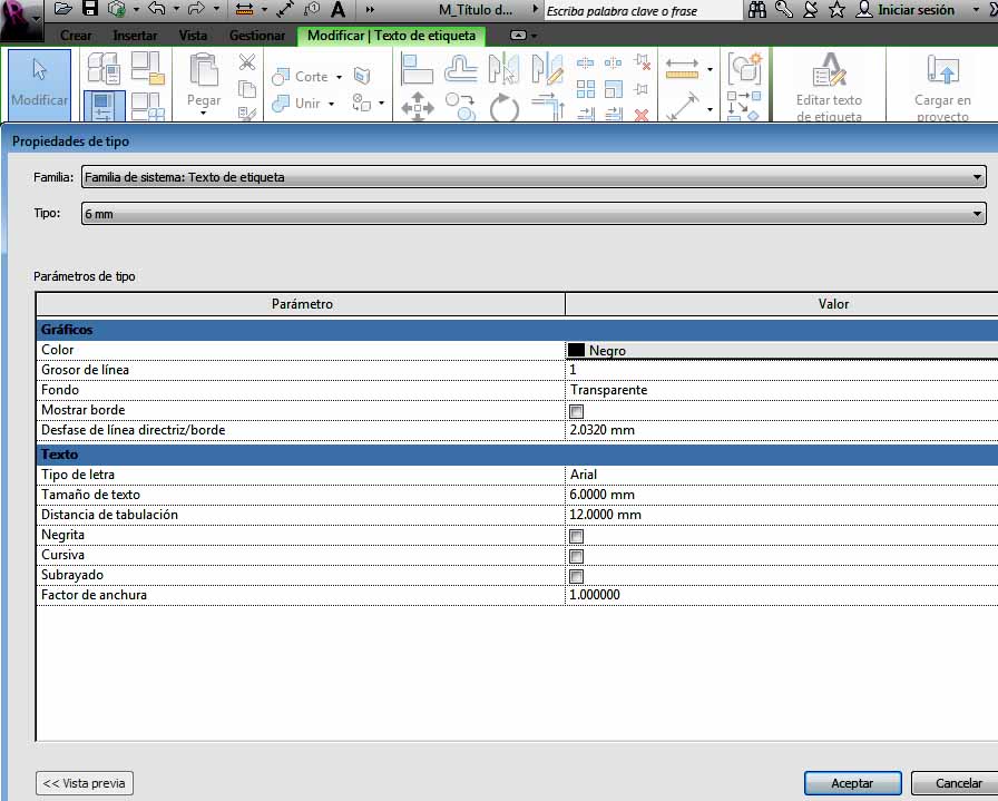 Cuadro Editar tipo - Propiedades de tipo del Texto de etiqueta "Nombre de plano"