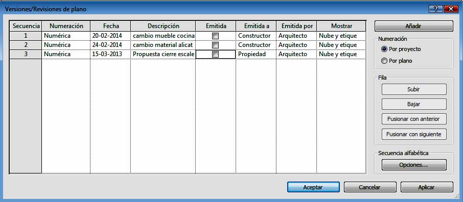 Cuadro de diálogo Revisión opción Por proyecto