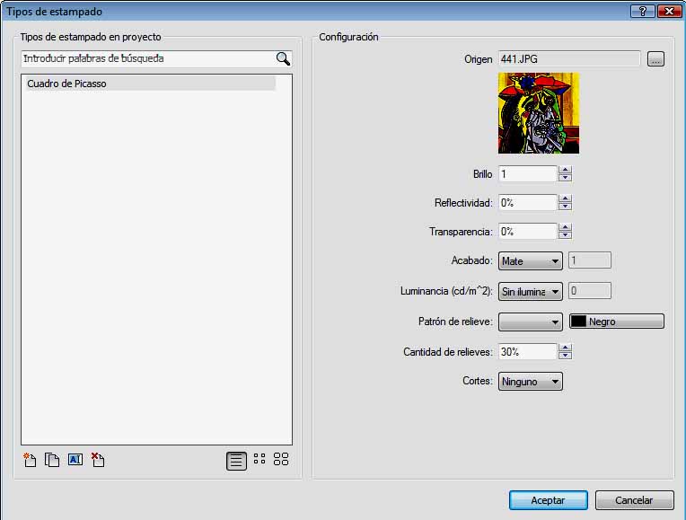 Cuadro de diálogo Estampado