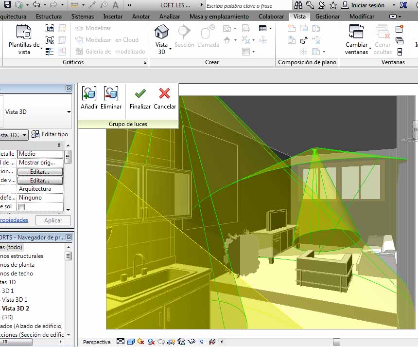 Opción Adición, eliminación luminarias de Grupo de luces