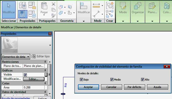 Opciones Visible y Nivel de detalle, para la máscara creada en la Familia de detalle
