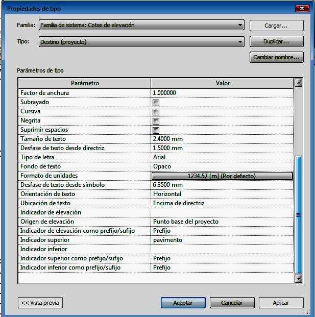 Cuadro de diálogo de cota de elevación Parámetros de tipo
