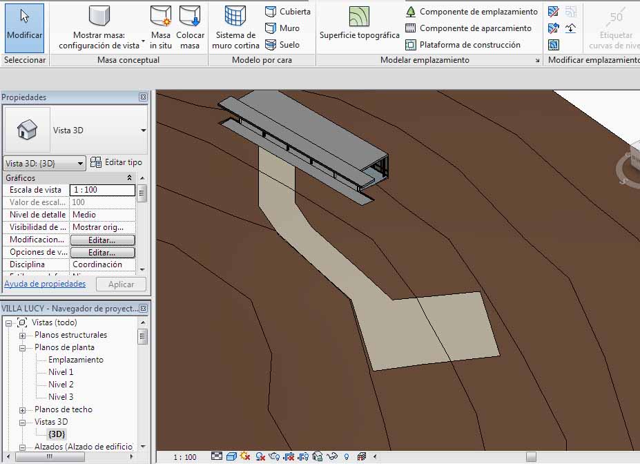 3D Subregión con las curvas de nivel de la superfície topográfica