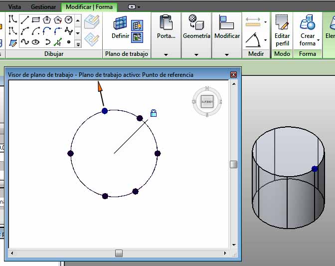 Plano de trabajo círculo superior del cilindro, se modifica perímetro desde Visor de proyecto