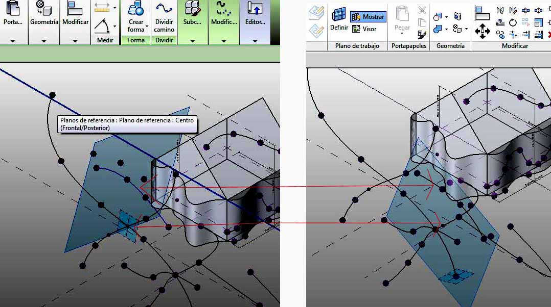 las flechas rojas indican las posiciones antiguas y nuevas de la Spline y el punto de referencia