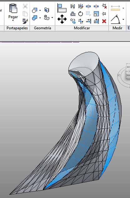 A partir de un círculo, un cuadrado y un perfil poligonal, y un camino en arco vertical se ha creado la siguiente forma sólida