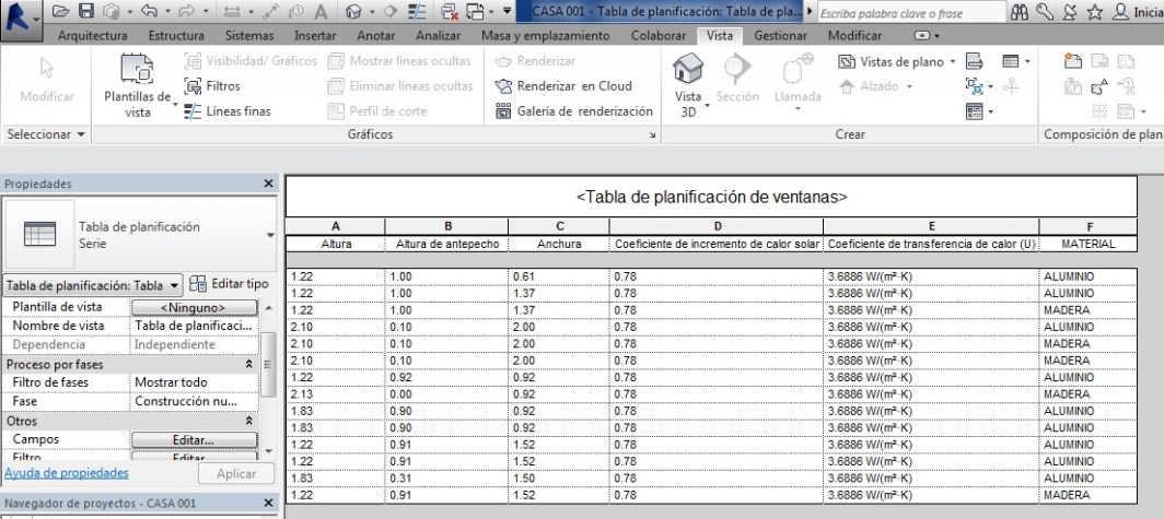 Tabla de planificación de ventanas