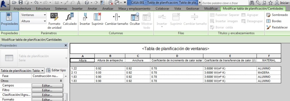 Tabla de planificación con filtro