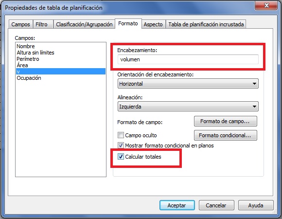 Totales de la columna Volumen