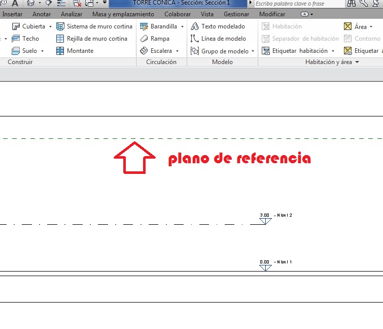 Vista de sección donde solamente se ve el plano de referencia que corta el plano de sección
