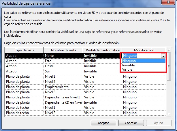Cuadro de diálogo Visibilidad de la caja de referencia, donde se realiza modificación en un vista de alzado