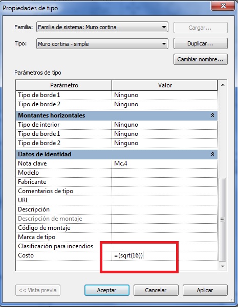 Fórmula de raíz cuadrada del valor 16