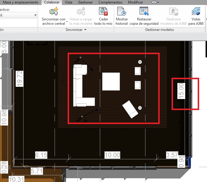 Los elementos del Subproyecto Furniture se muestran en gris al seleccionar esta opción porque no es un subproyecto activo, igual que el caso de las cotas que forma parte del Subproyecto Vistas